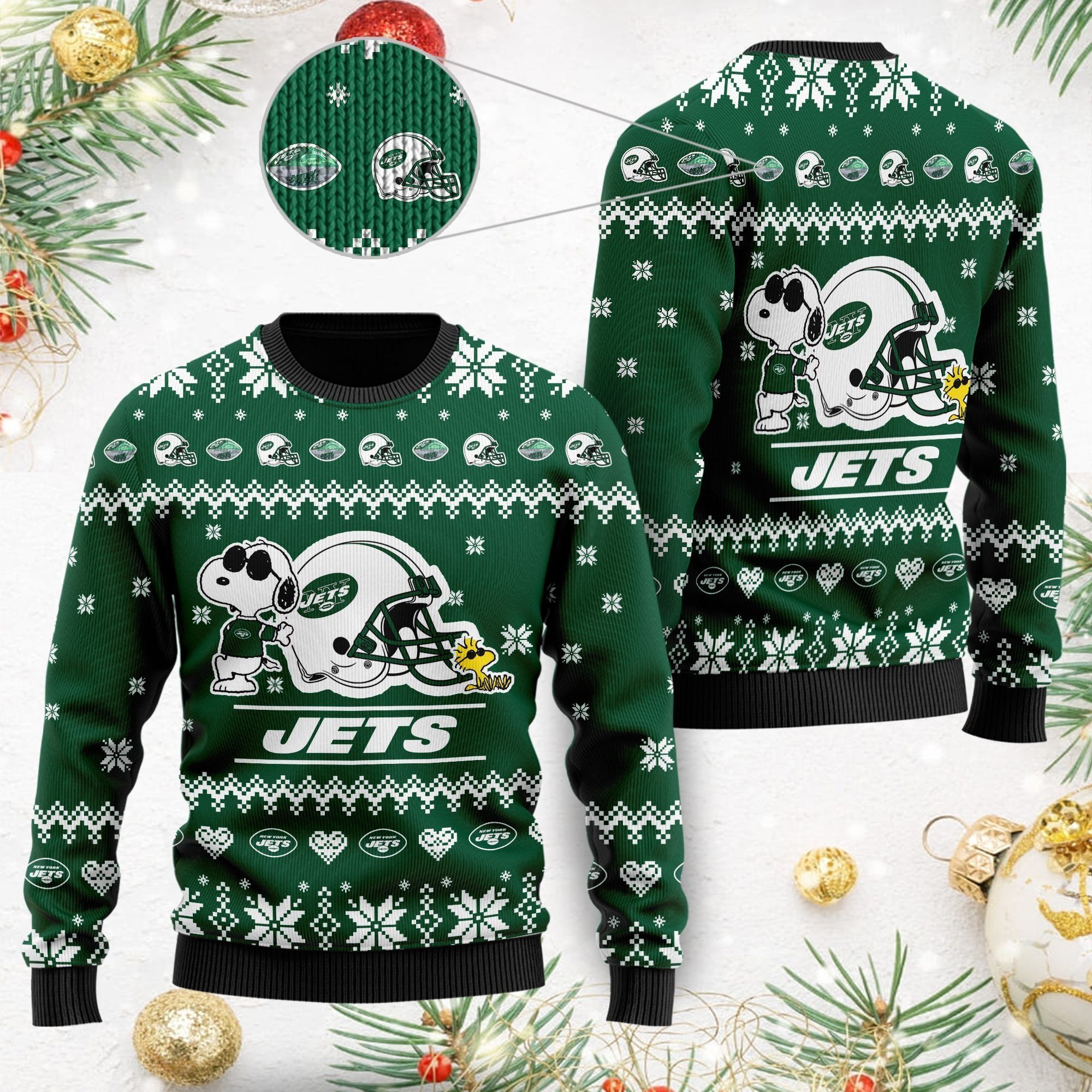 New York Jets Cute The Snoopy Show Football Helmet 3D All Over Print Ugly Christmas Sweater For American Football Players And Fans On Christmas Days