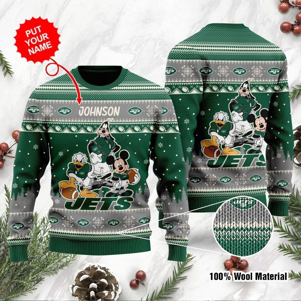 New York Jets Disney Donald Duck Mickey Mouse Goofy Custom Name Personalized Ugly Christmas Sweater Holiday Party For Men Women