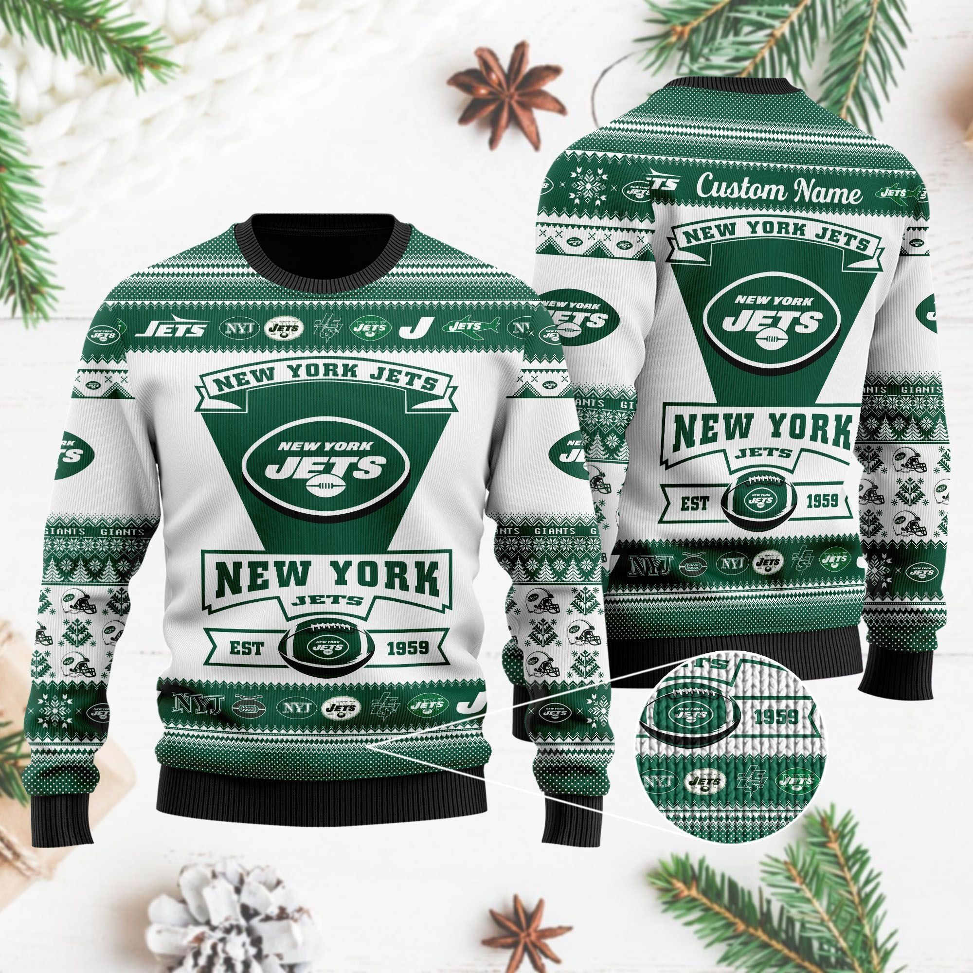 New York Jets Football Team Logo Custom Name Personalized Ugly Christmas Sweater Holiday Party Men Women Plus Size