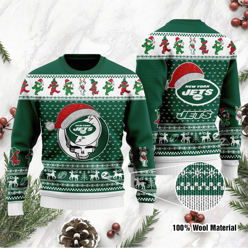 New York Jets Grateful Dead SKull And Bears Custom Name Ugly Christmas Sweater NFL Football Christmas