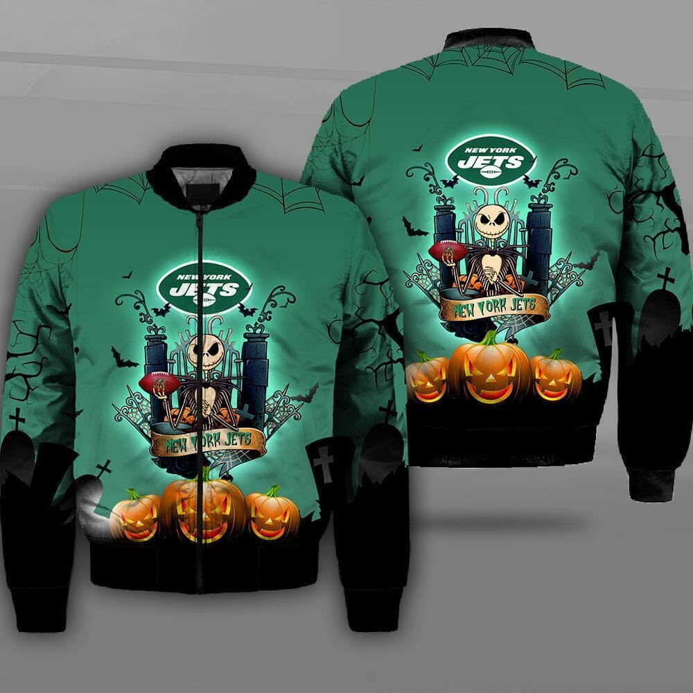 New York Jets Jack Skellington Halloween Bomber Jacket | NFL Team Jacket for Men & Women | Football Fan Gift