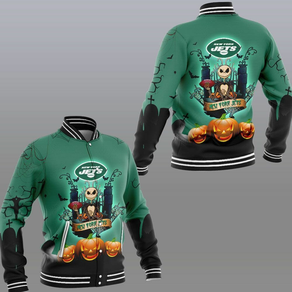 New York Jets Jack Skellington Halloween Varsity Baseball Jacket for Men & Women | NFL Team Fan Gift