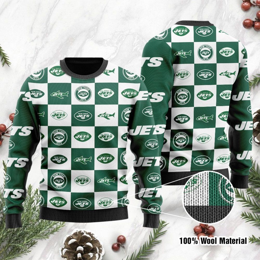 New York Jets Logo Checkered Flannel Design Ugly Christmas Sweater