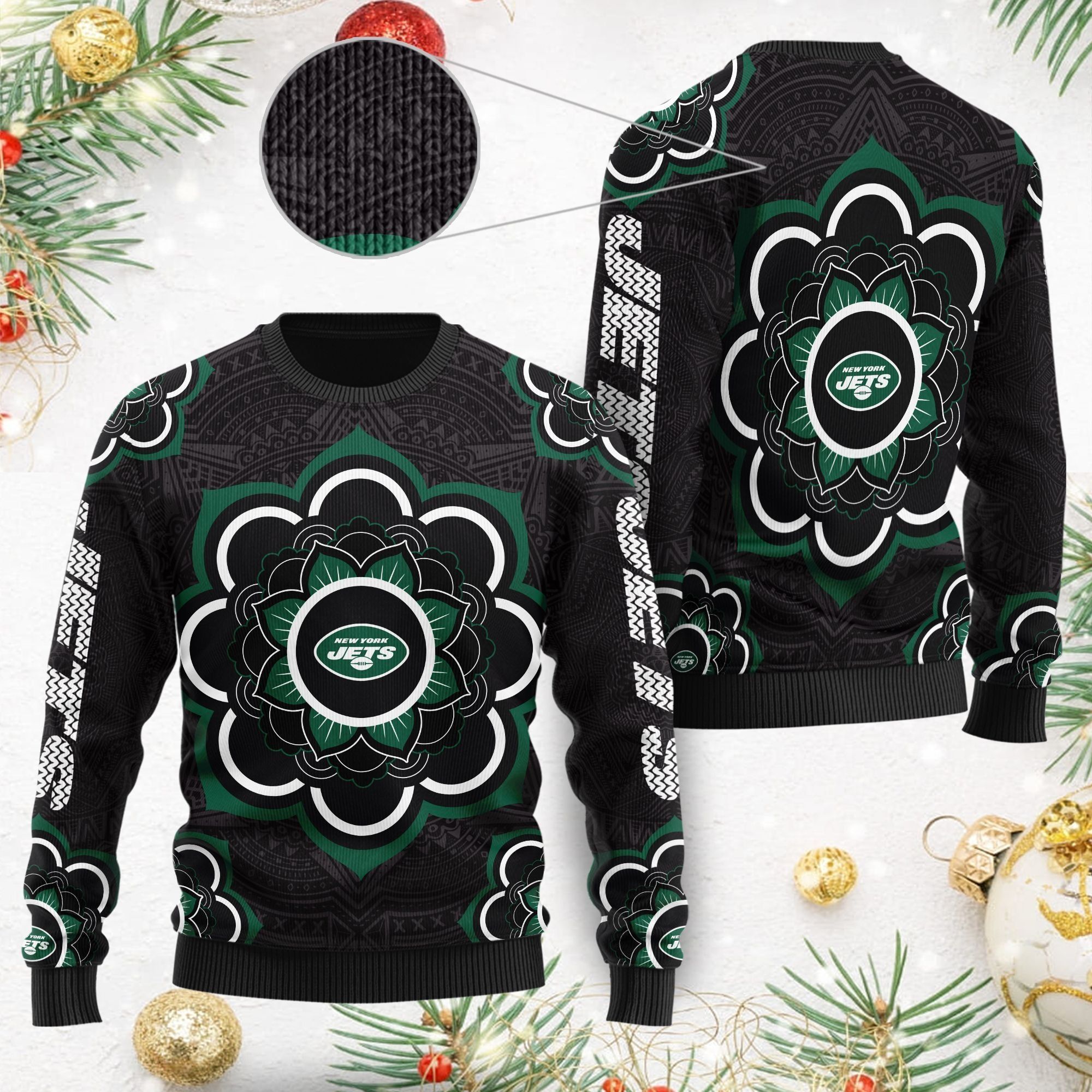 New York Jets Mandala Logo Ugly Christmas Sweater NFL Football Fans On Xmas