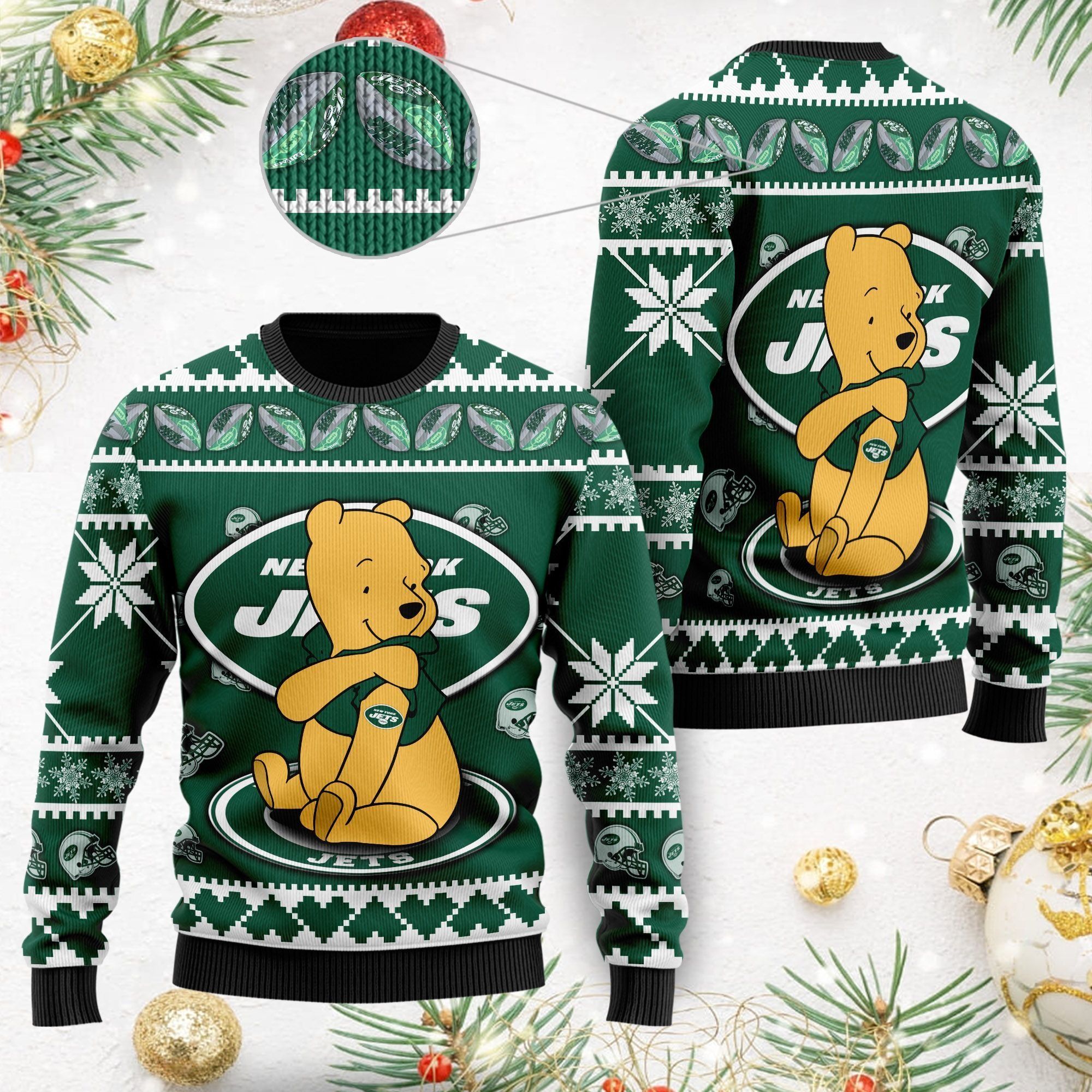 New York Jets NFL American Football Team Logo Cute Winnie The Pooh Bear 3D Ugly Christmas Sweater