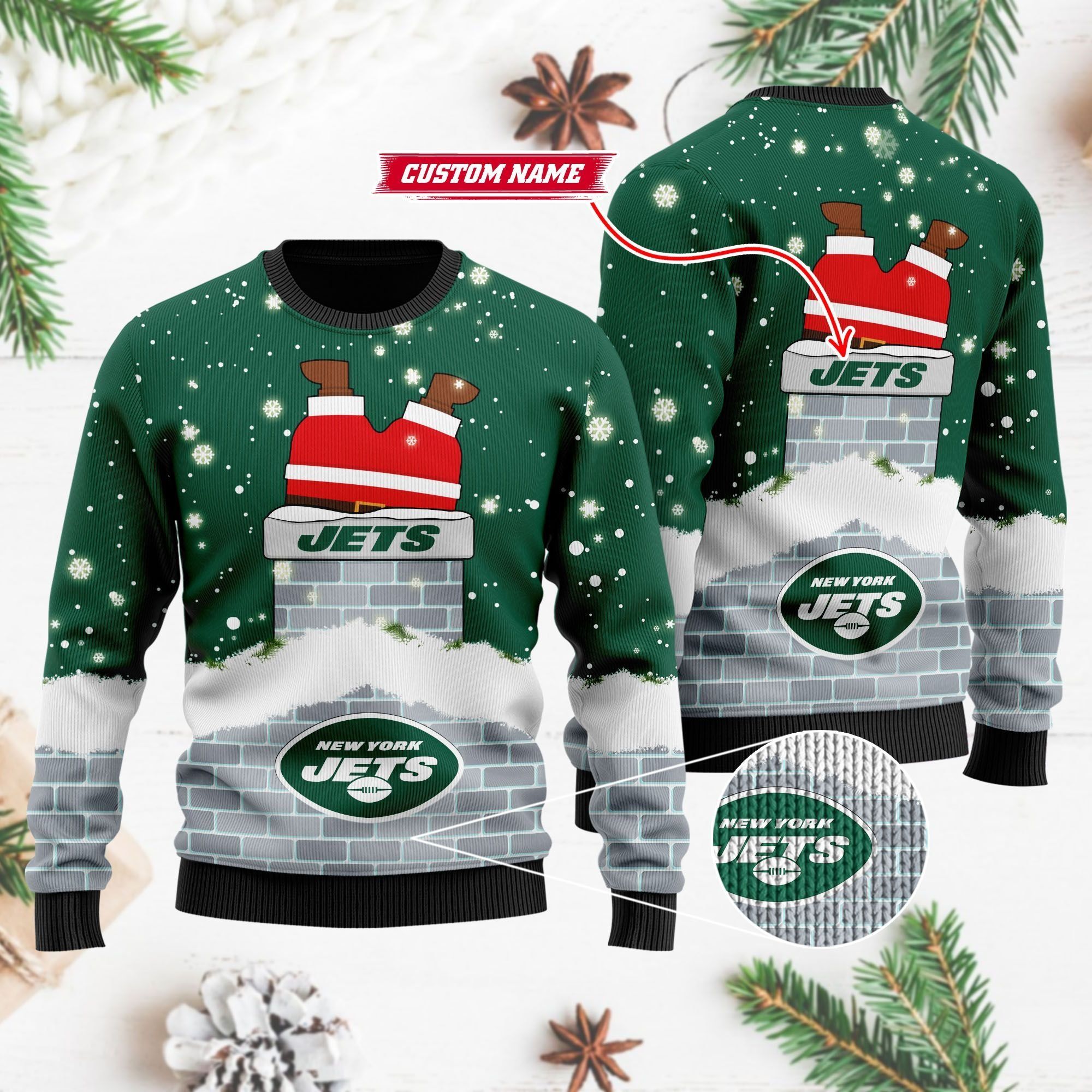 New York Jets NFL Football Team Logo Symbol Santa Claus Custom Name Personalized 3D Ugly Christmas Sweater