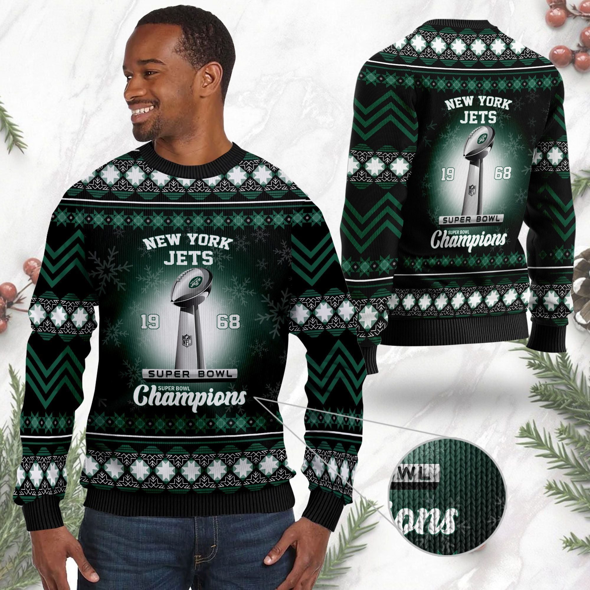 New York Jets Super Bowl Champions NFL Cup Ugly Christmas Sweater