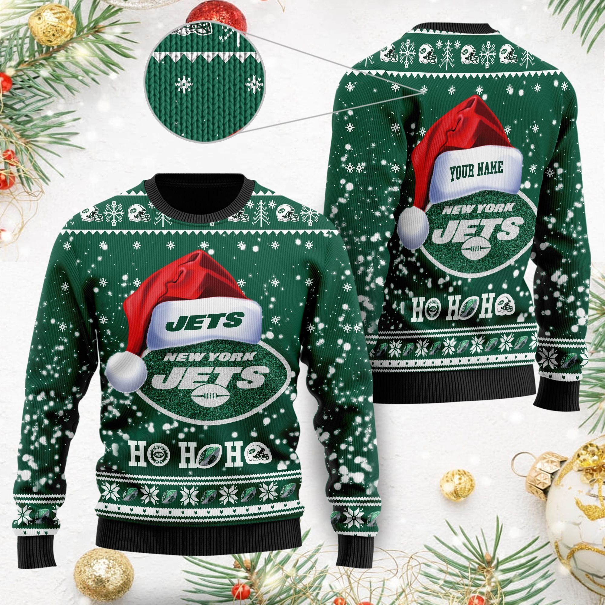 New York Jets Symbol Wearing Santa Claus Hat Cute Pattern Ho Ho Ho Custom Personalized Ugly Christmas Sweater For Football Fans On Xmas Party