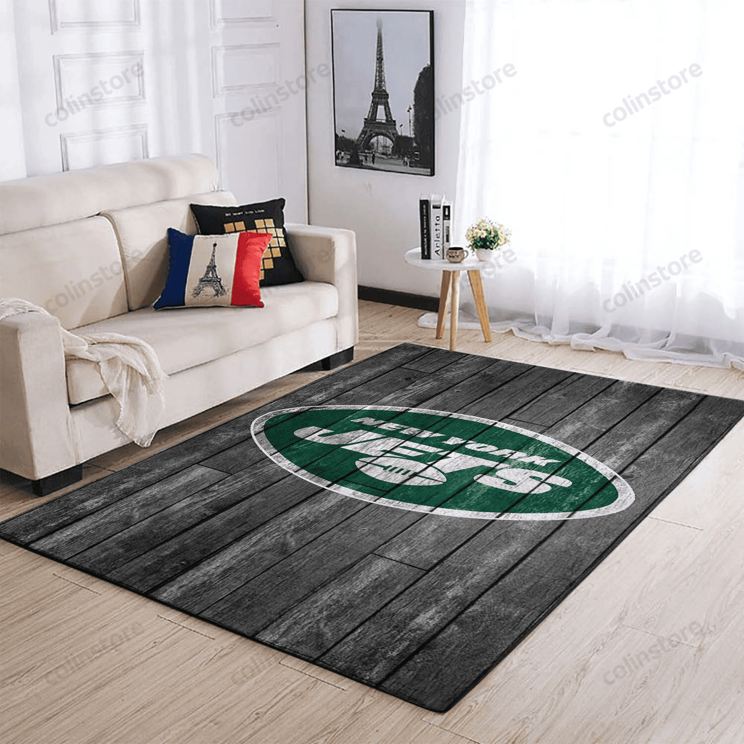 New York Jets Team Logo Grey Wooden Rectangle Area Rug – Full Print Carpet For Living Room & Bedroom Home Decor