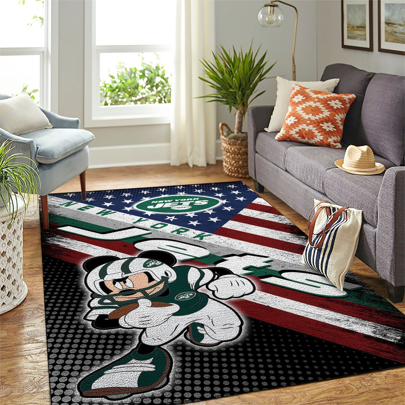 New York Jets Team Logo Mickey Us Rectangle Area Rug – Full Print Carpet For Living Room & Bedroom Home Decor