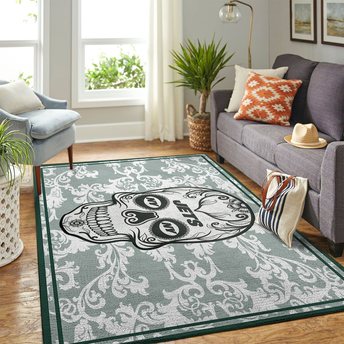 New York Jets Team Logo Skull Flower Rectangle Area Rug – Full Print Carpet For Living Room & Bedroom Home Decor
