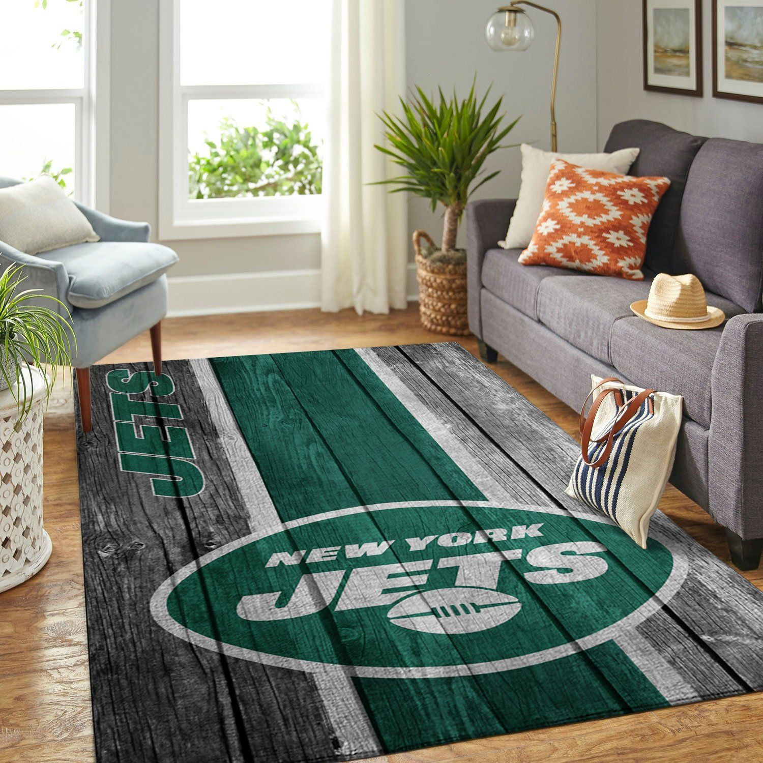 New York Jets Team Logo Wooden Rectangle Area Rug – Full Print Carpet For Living Room & Bedroom Home Decor