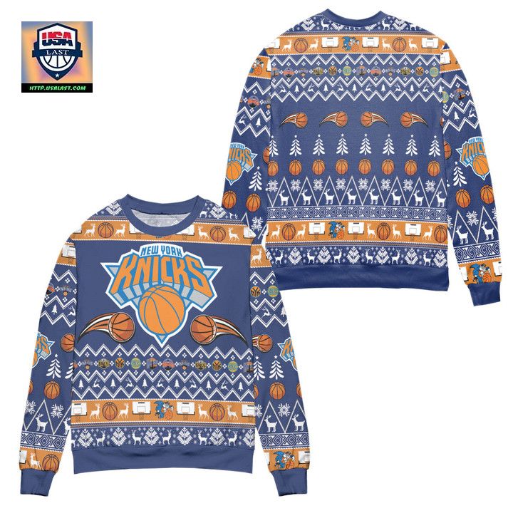 New York Knicks Basketball Team Reindeer Pattern Ugly Christmas Sweater Blue