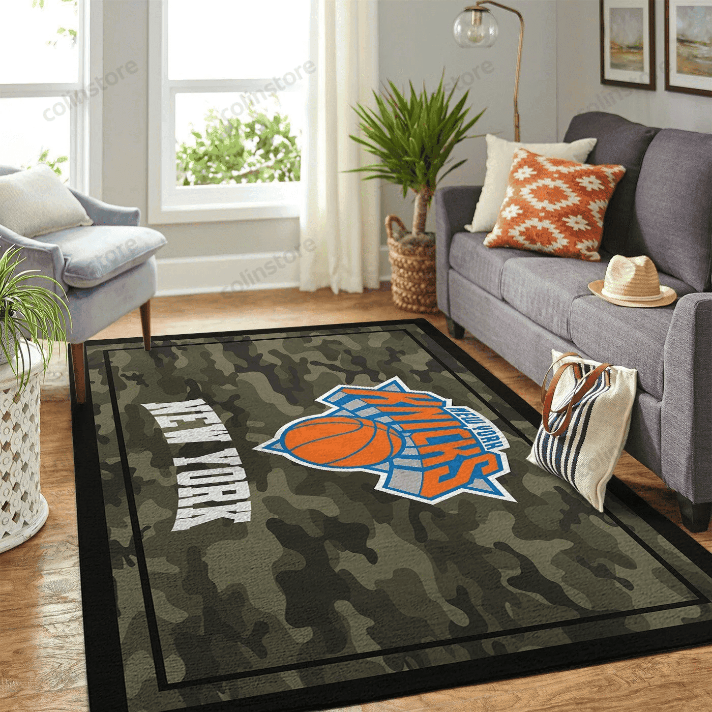 New York Knicks Team Logo Camo Rectangle Area Rug – Full Print Carpet For Living Room & Bedroom Home Decor