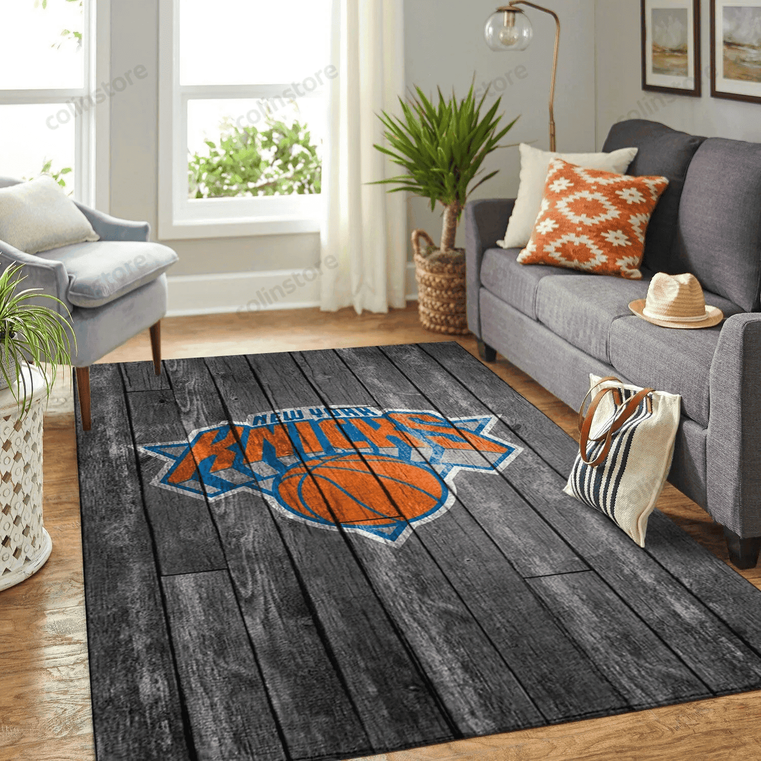 New York Knicks Team Logo Grey Wooden 3D Rectangle Area Rug – Full Print Carpet For Living Room & Bedroom Home Decor