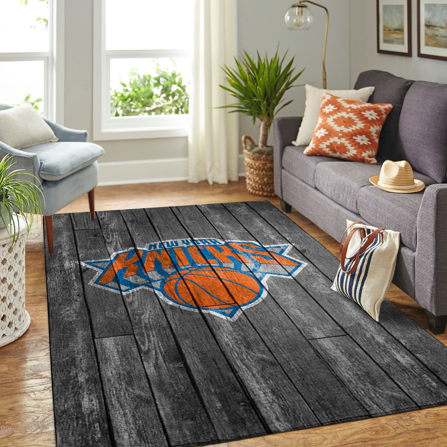 New York Knicks Team Logo Grey Wooden Rectangle Area Rug – Full Print Carpet For Living Room & Bedroom Home Decor