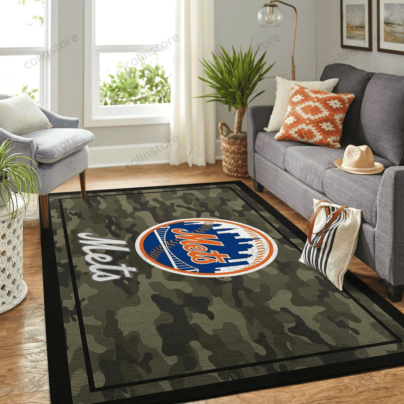 New York Mets Team Logo Camo Rectangle Area Rug – Full Print Carpet For Living Room & Bedroom Home Decor