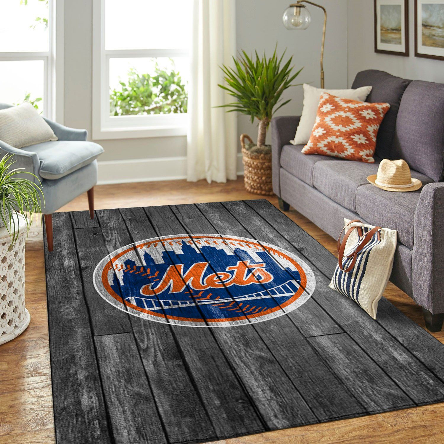 New York Mets Team Logo Grey Wooden Rectangle Area Rug – Full Print Carpet For Living Room & Bedroom Home Decor