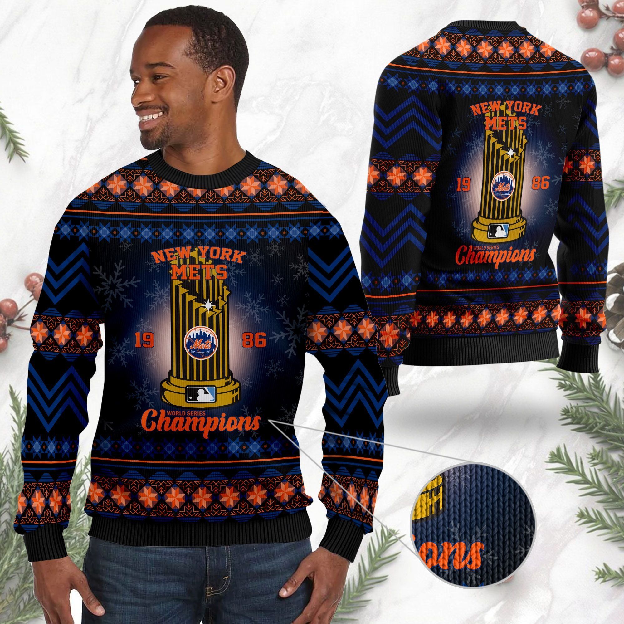 New York Mets World Series Champions MLB Cup Ugly Christmas Sweater