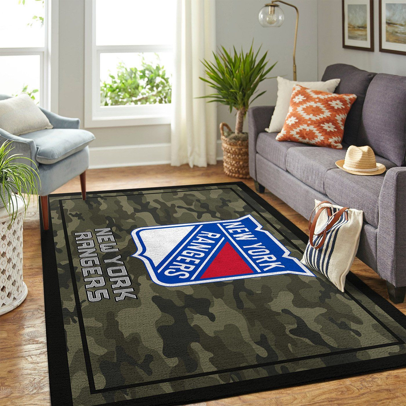 New York Rangers Team Logo Camo Rectangle Area Rug – Full Print Carpet For Living Room & Bedroom Home Decor
