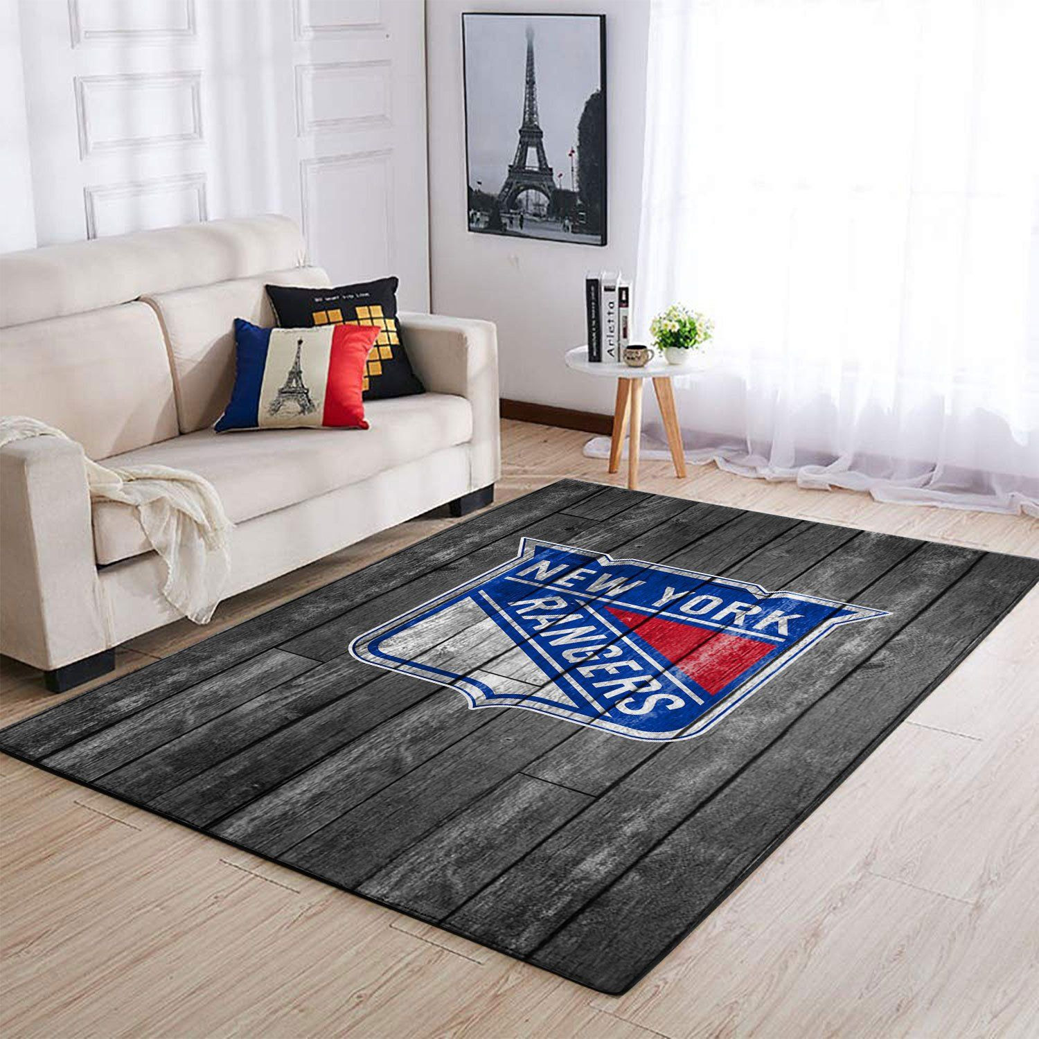 New York Rangers Team Logo Grey Wooden Rectangle Area Rug – Full Print Carpet For Living Room & Bedroom Home Decor