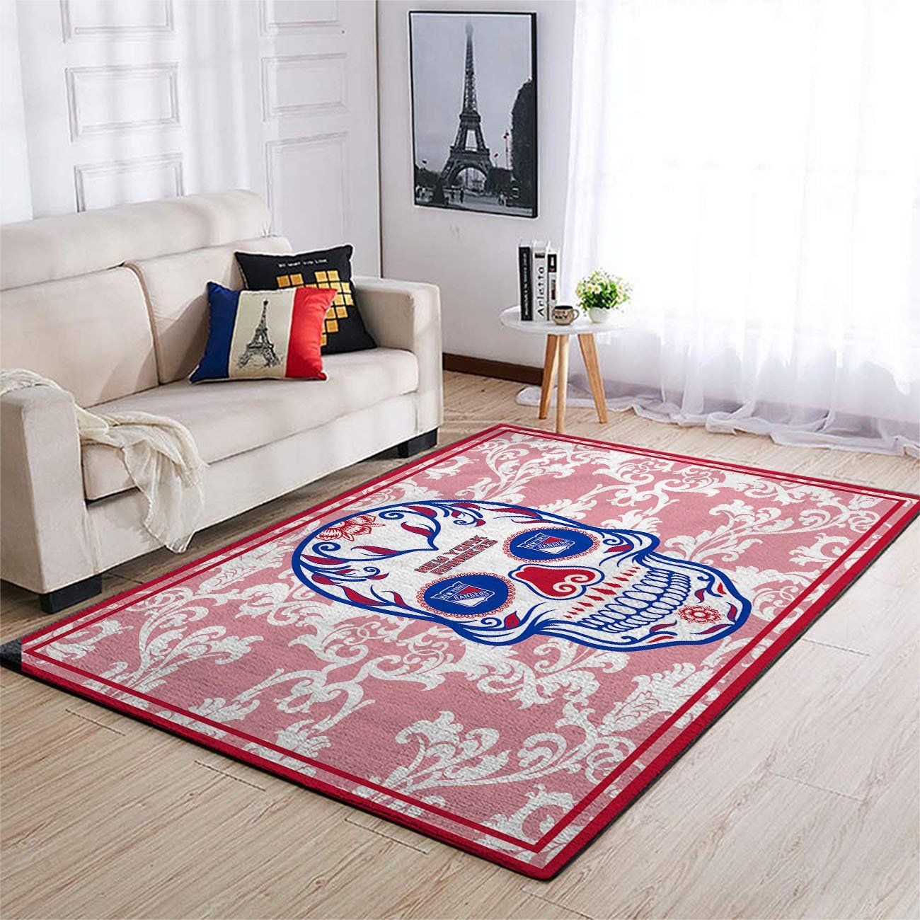 New York Rangers Team Logo Skull Flower Rectangle Area Rug – Full Print Carpet For Living Room & Bedroom Home Decor