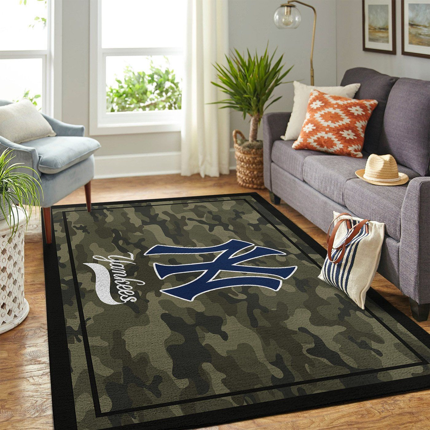 New York Yankees Team Logo Camo Rectangle Area Rug – Full Print Carpet For Living Room & Bedroom Home Decor