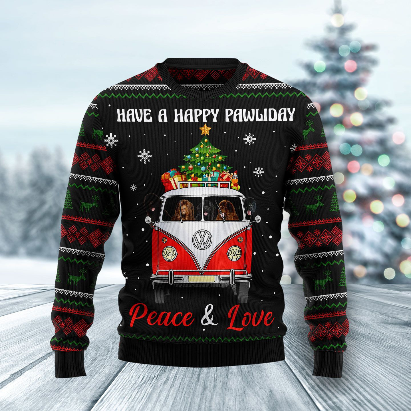 Newfoundland Dogs Carrying Gift Christmas On The Red Car Ugly Christmas Sweater, Perfect Holiday Gift