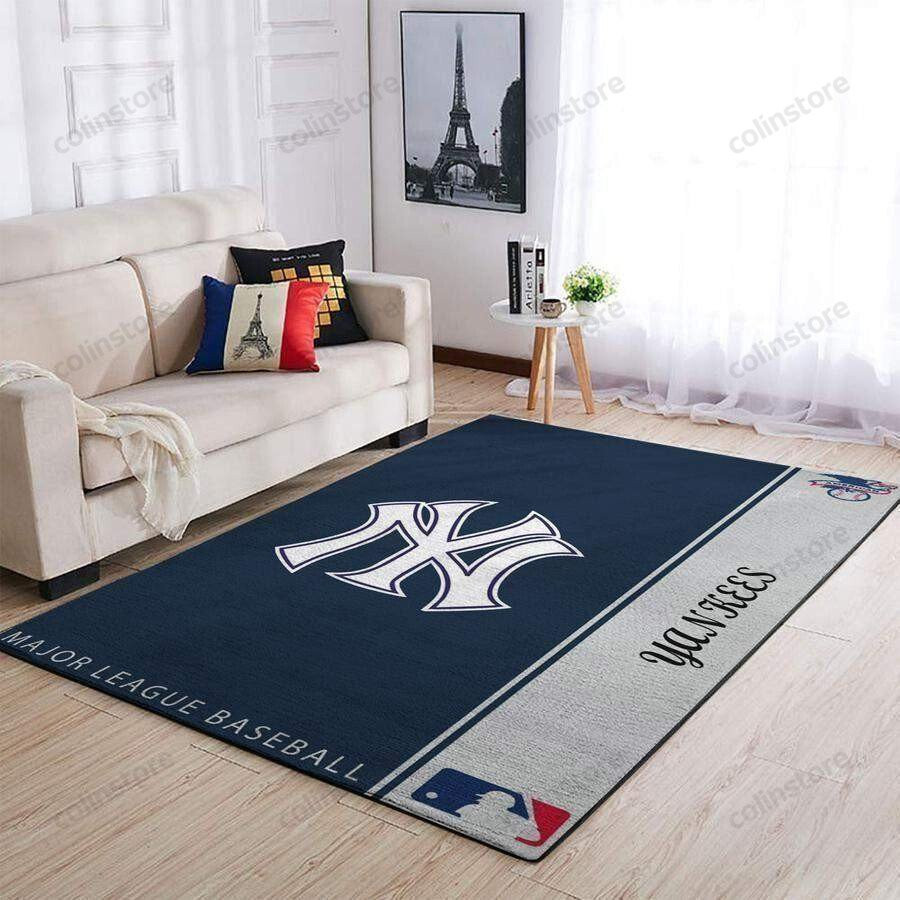 Newyork Yankees Team Logo Grey Wooden 3D Rectangle Area Rug – Full Print Carpet For Living Room & Bedroom Home Decor