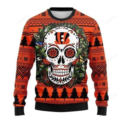 Nfl Cincinnati Bengals Skull Flower Ugly Christmas Sweater,