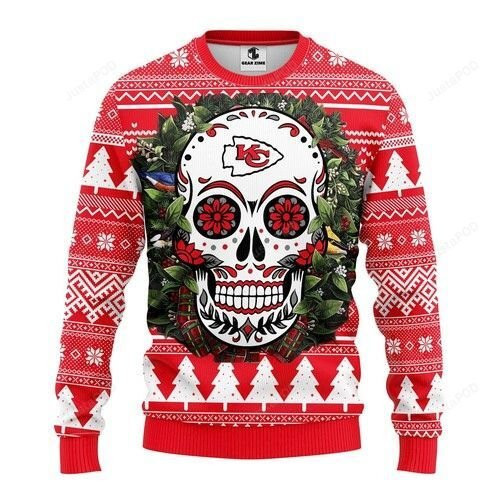 Nfl Kansas City Chiefs Skull Flower Ugly Christmas Sweater, Perfect Holiday Gift