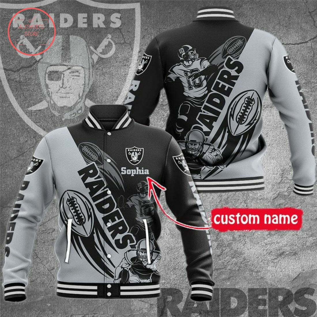 NFL Las Vegas Raiders Personalized Name Silver Black Baseball Jacket for Men & Women | NFL Team Fan Gift