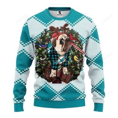 Nfl Miami Dolphins Pug Dog Ugly Christmas Sweater, Perfect Holiday Gift