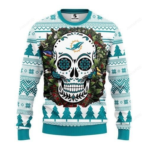Nfl Miami Dolphins Skull Flower Ugly Christmas Sweater,