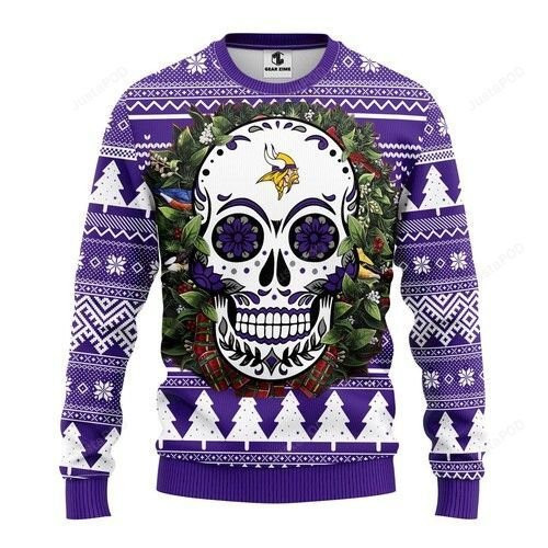 Nfl Minnesota Vikings Skull Flower Ugly Christmas Sweater,