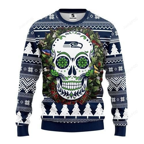 Nfl Seattle Seahawks Skull Flower Ugly Christmas Sweater,