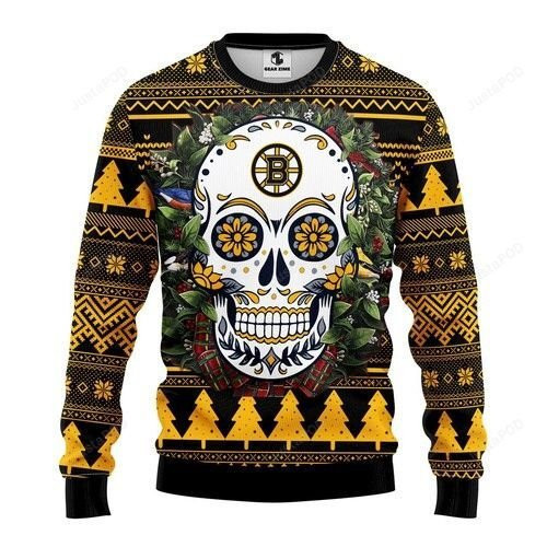 Nhl Boston Bruins Skull Flower Ugly Christmas Sweater, Perfect Holiday Gift