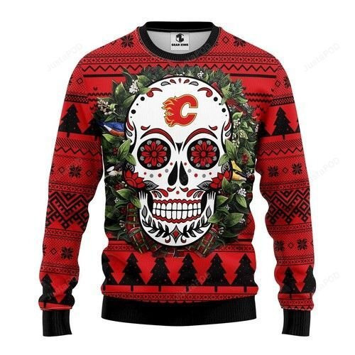 Nhl Calgary Flames Skull Flower Ugly Christmas Sweater,