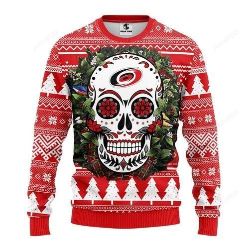 Nhl Carolina Hurricanes Skull Flower Ugly Christmas Sweater,