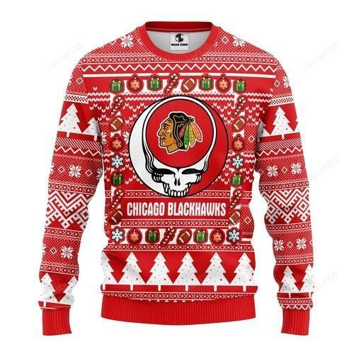 Nhl Chicago Blackhawks Grateful Dead Ugly Christmas Sweater, Perfect Holiday Gift