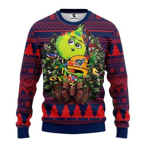 Nhl Columbus Blue Jackets Grinch Hug Ugly Christmas Sweater,