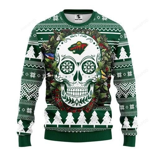 Nhl Minnesota Wild Skull Flower Ugly Christmas Sweater,