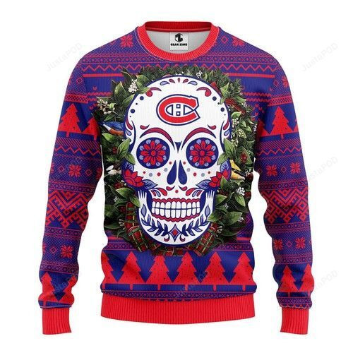 Nhl Montreal Canadiens Skull Flower Ugly Christmas Sweater, Perfect Holiday Gift