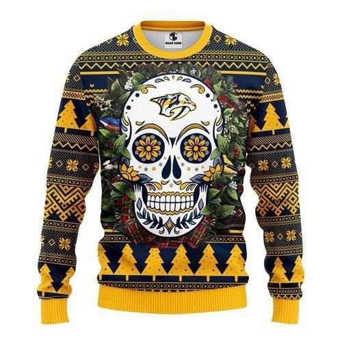 Nhl Nashville Predators Skull Flower Ugly Christmas Sweater,
