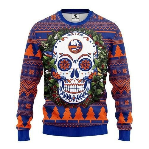 Nhl New York Islanders Skull Flower Ugly Christmas Sweater, Perfect Holiday Gift