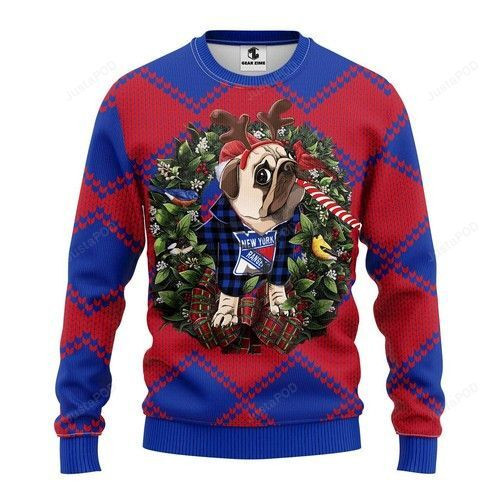 Nhl New York Rangers Pug Dog Ugly Christmas Sweater, Perfect Holiday Gift