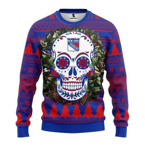 Nhl New York Rangers Skull Flower Ugly Christmas Sweater,