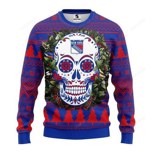 Nhl New York Rangers Skull Ugly Christmas Sweater, Perfect Holiday Gift