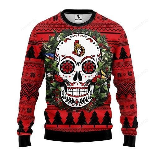 Nhl Ottawa Senators Skull Flower Ugly Christmas Sweater,