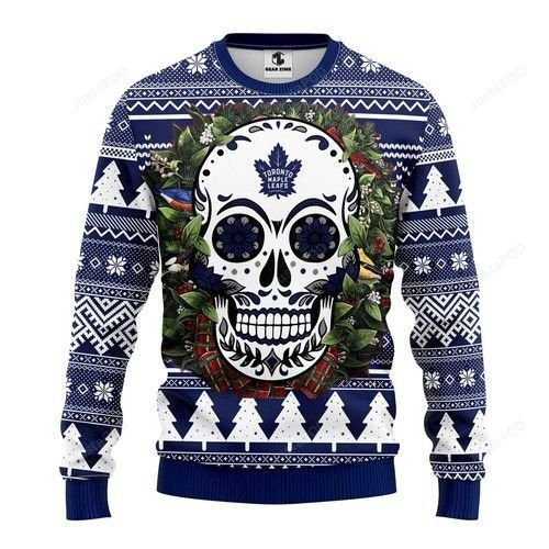 Nhl Toronto Maple Leafs Skull Flower Ugly Christmas Sweater,
